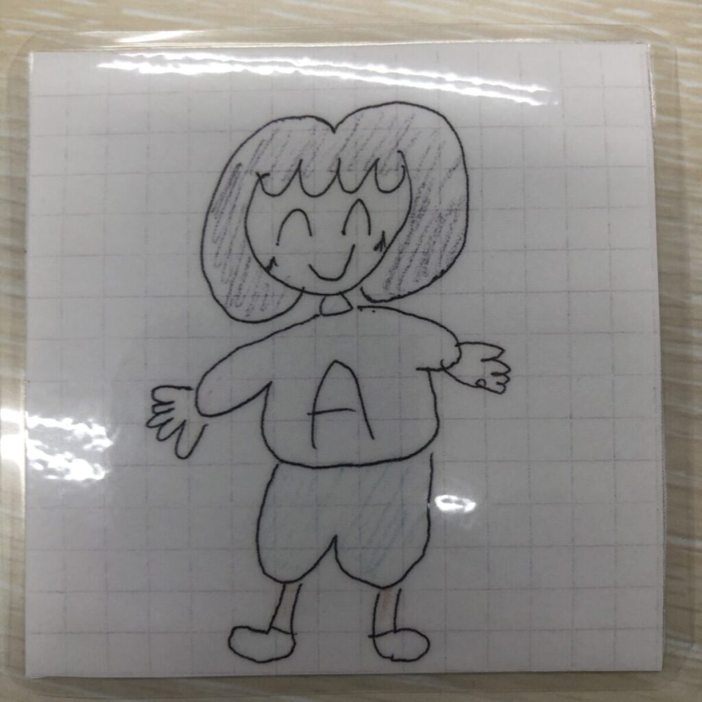 Aが書いてある服を着た女の子みたいな絵